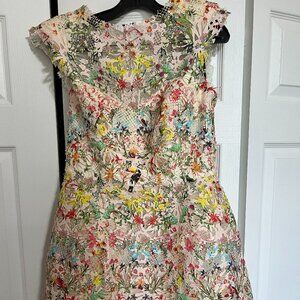 Monique Lhuillier Paradise Print Lace Cap-Sleeve Mini Dress Size 12